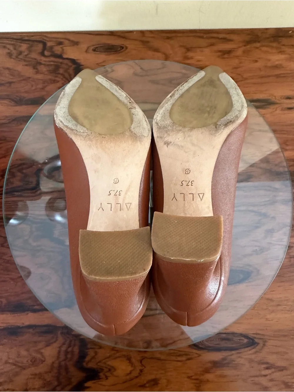 ALLY Shoes Caramel Brown Leather Pointed Block Heel Pumps 37.5B / US 7 7.5